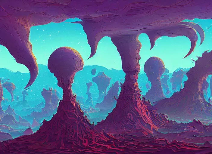 Image similar to psychedelic concept art of an alien landscape made of baked beans, cel shaded, in the style of makoto shinkai and moebius and peter mohrbacher and anton fadeev