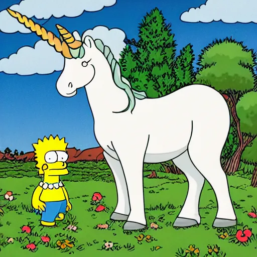 Prompt: unicorn in the bush, simpsons style