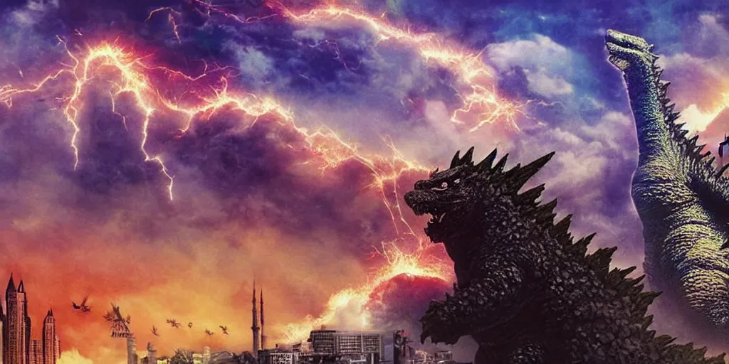 Prompt: godzilla is attacking istanbul, studio ghibli, dark sky, anime background