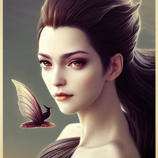 Image similar to 3 / 4 view of a portrait of beautiful woman with wings, confident pose, pixie, genshin impact, high quality, intricate, elegant, sharp focus, illustration, highly detailed, concept art, matte, trending on artstation, art by wlop and artgerm and greg rutkowski, h 6 4 0