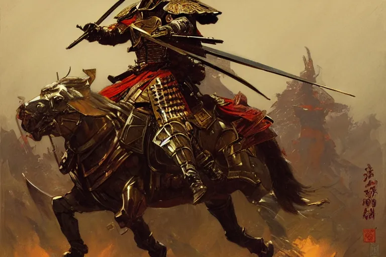 Image similar to armored samurai painting by gaston bussiere, craig mullins, j. c. leyendecker, tom of finland,