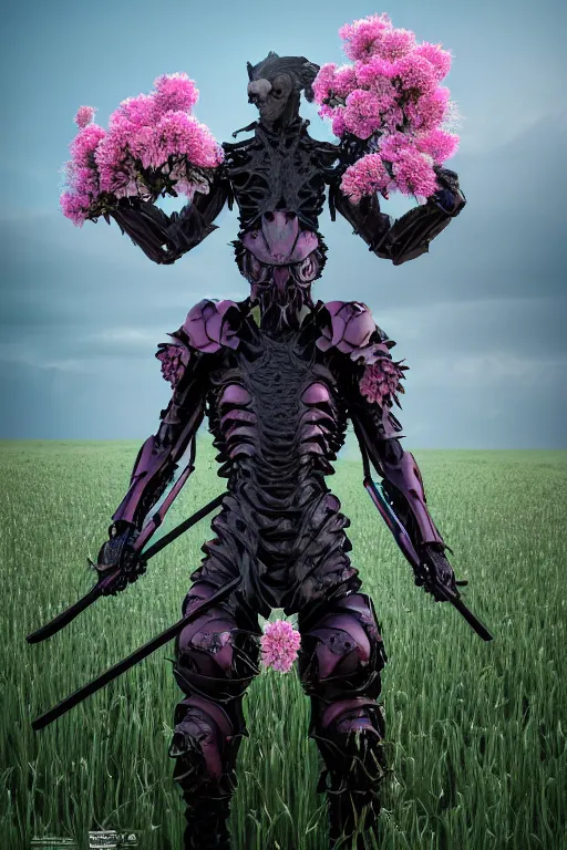 Prompt: hyperrealistic neo - gothic muscular human chimera hybrid, exoskeleton armor, holding katana, standing in a field of pink flowers, highly detailed smooth concept art masterpiece, vitaly bulgarov giger dramatic dark teal light, ground angle hd 8 k, sharp focus