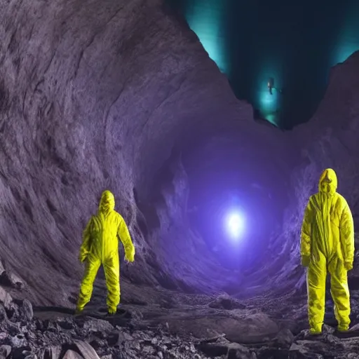 Image similar to People in hazmat suits exploring the deepest parts of a dark pit using flashlights. Gigantic iridescent alien structures can be seen in the distance. Establishing shot, cinematic. 4k ultra hd, film