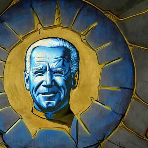 Image similar to a church mural depicting joe biden as a god, 4 k, highly detailed, painted by michelangelo