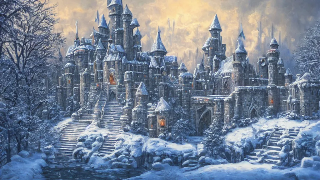 Prompt: a highly detailed, realistic oil painting of Hyrule Castle from Zelda Ocarina of Time in Winter, snow, intricate, 8k highly professionally detailed, HDR