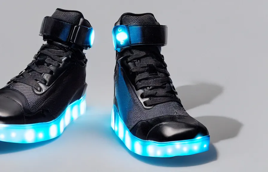 Image similar to generative design exoskeleton sneakers with led skin in the style of cyberdog, product shot, dynamic neon lighting