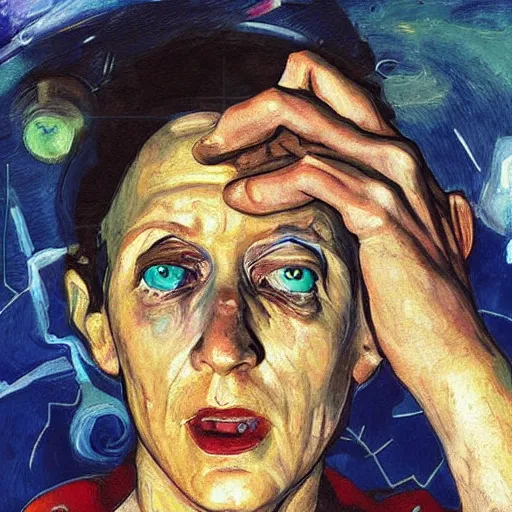 Image similar to A digital art. A rip in spacetime. Did this device in her hand open a portal to another dimension or reality?! extreme close-up by Oskar Kokoschka, by Yasushi Nirasawa mournful