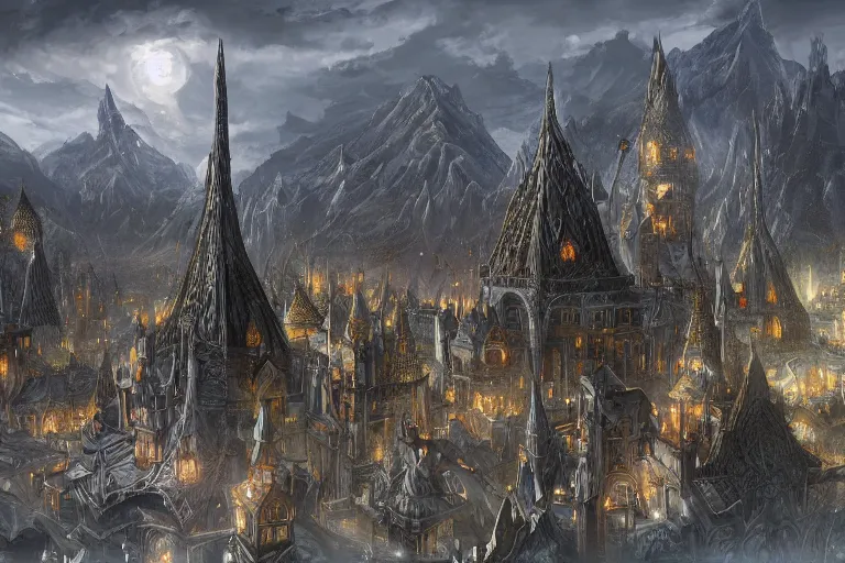 Image similar to silver elven city, highly detailed, d & d, fantasy, highly detailed, digital painting, trending on artstation, concept art, sharp focus, illustration