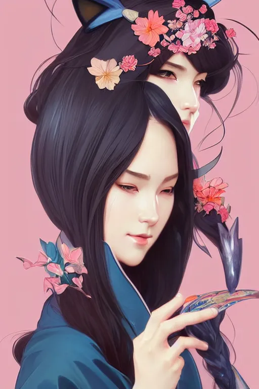 Image similar to A beautiful woman with cat ears who wears kimono, highly detailed, digital painting, artstation, concept art, smooth, sharp focus, illustration, art by artgerm and alphonse mucha, high definition digital art, in the style of Ross tran and ilya kuvshinov