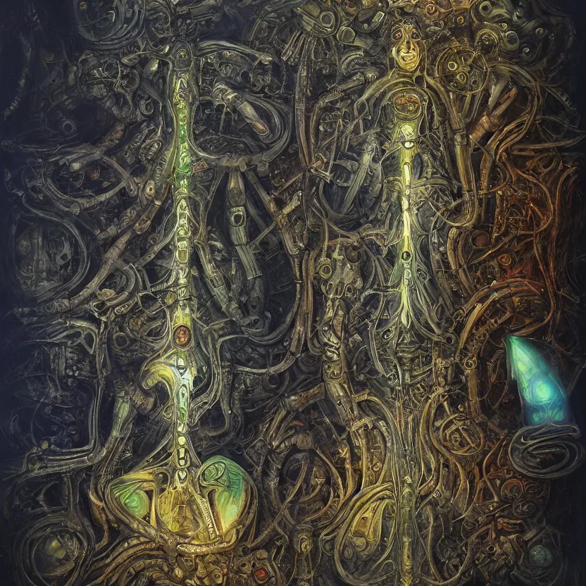 Prompt: biomechanical muladara chakra, volumetric shadows and lighting, concept art, psychedelic colors, realistic oil painting by h. r giger,