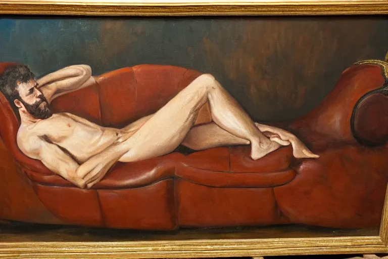 Image similar to a oil painting painting of a caucasian man relaxing on a brown reclined leather chair