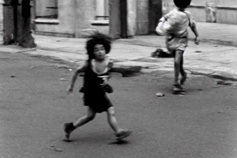 Image similar to A dirty child running down the street, decisive moment, anri cartier bresson