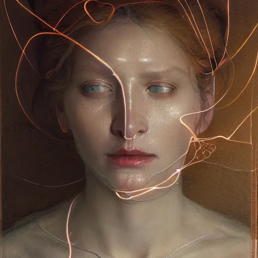Image similar to portrait of a woman, covered in transparent cloth, plastic, thunder clouds, flat background, Masterpiece, glowing, wires everywhere, by Edgar Maxence and Ross Tran, Zdzisław Beksiński, and Michael Whelan, distant, gustav dore, H.R. Giger, 8k, octane render