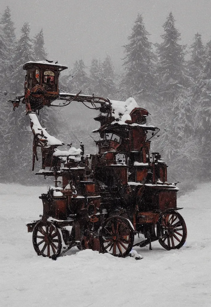 Image similar to Digital Art of a 1914 russian walking steam machine in the snow, Rozalski, trending on artstation