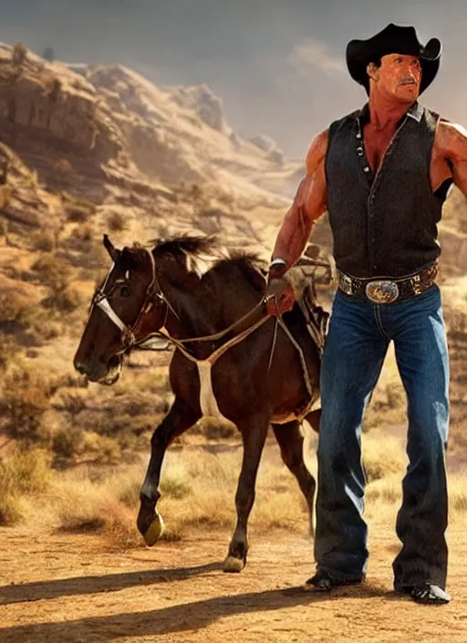 Prompt: an film still of sylvester stallone as cowboy, western background, unreal engine. amazing likeness. very detailed.