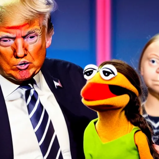 Prompt: donald trump and greta thunberg in the muppets show