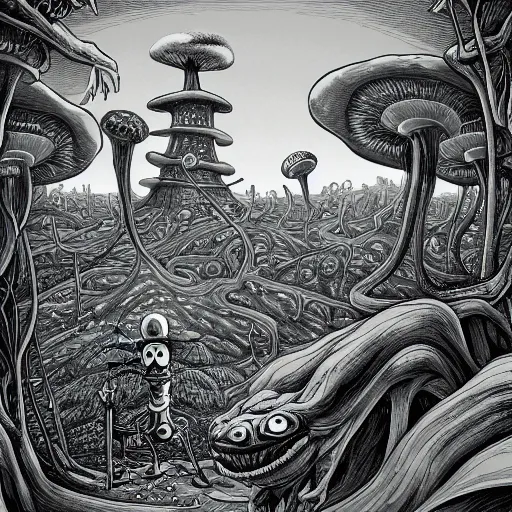 Image similar to A centered chest up portrait of a psychedelic demonic anthropomorphic frog smoking a hand-rolled cigarette smoking heavily , magic mushroom village in background . award winning. superb resolution. in the art style of junji Ito and greg rutkowski . Detailed Mushroom city in background. Hyper realistic anime. Perfect art. Dalle2