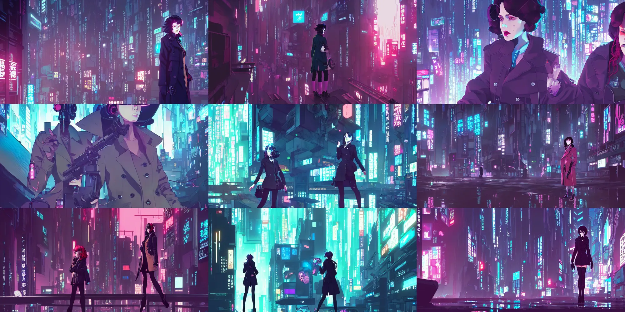 Prompt: a high definition cinematic screenshot from the detective ( noir ) cyberpunk anime film ; a lone ( ( female detective in a trenchcoat ) ) investigates a dreamworld, digital painting by josan gonzalez, trending on artstation
