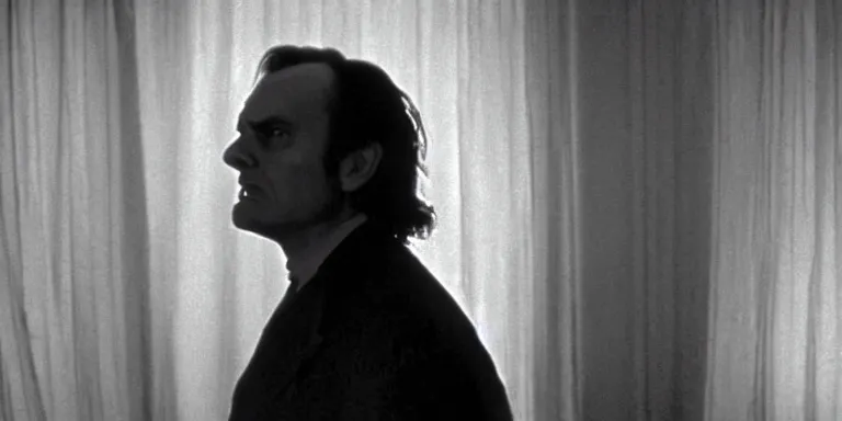 Prompt: photorealistic wide profile master shot cinematography of the character jack torrance played by jack nicholson from stanley kubrick's 1 9 8 0 film the shining sitting at the overlook hotel's gold ballroom bar starring right at the camera shot on 3 5 mm eastman 5 2 4 7 film by the shining cinematographer john alcott on a 1 8 mm cooke panchro lens.