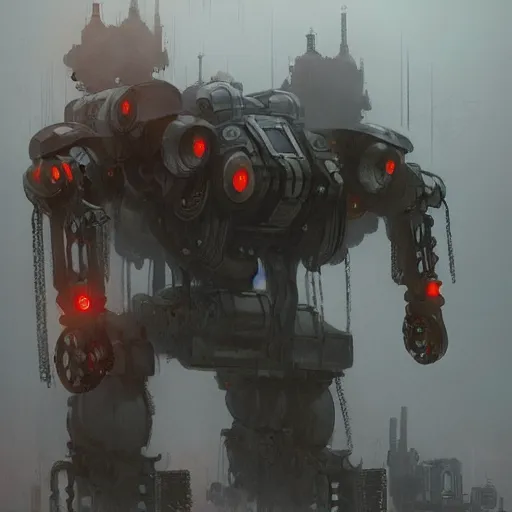 Image similar to gigantic steampunk mecha, dense fog, trending on artstation, jakub rozalski