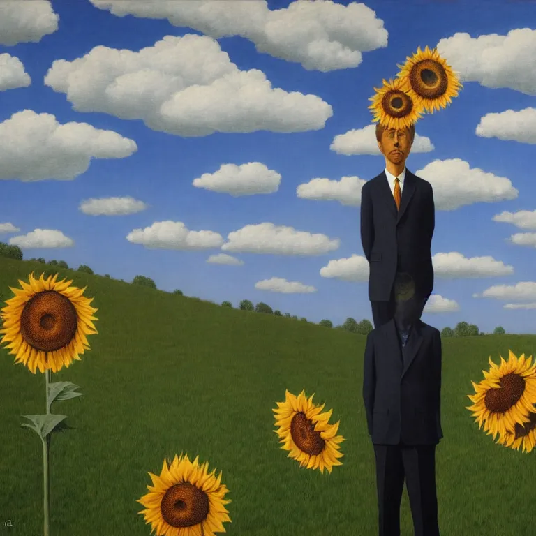 Prompt: portrait of a faceless sunflower - head man in a suit, clouds in the background, by rene magritte, detailed painting, distance, centered, hd, hq, high resolution, high detail, 4 k, 8 k