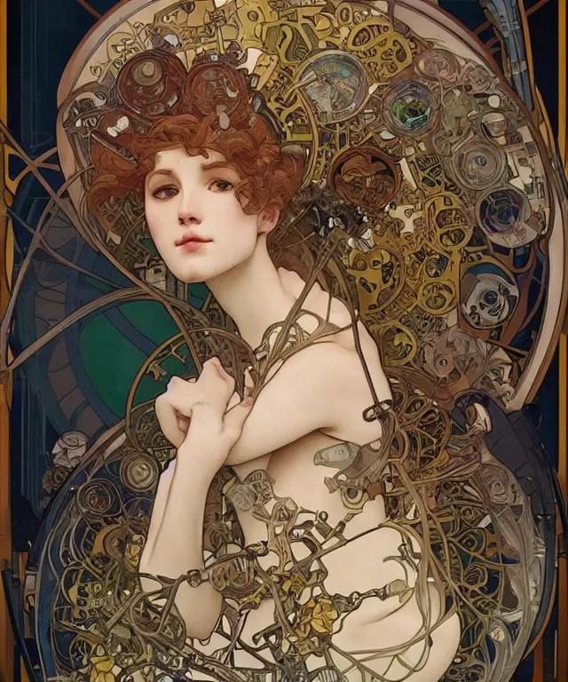 Image similar to realistic detailed portrait of a humanoid mecha cyberpunk! goddess by Alphonse Mucha and Charlie Bowater and art germ, rule of thirds, golden ratio, Art Nouveau! cyberpunk! style, mechanical accents!, mecha plate armor, realistic human arms, flowing wires with leaves, art nouveau accents, art nouveau patterns and geometry, rich deep moody colors