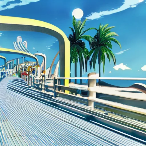 Image similar to oceanfront walkway, futuristic city, colorful city, curved railing, long railing, shining sea, cel - shading, 2 0 0 1 anime, cel - shaded, bright sunshine, jet set radio, mirror's edge, raytracing, toon - shading, strong shadows