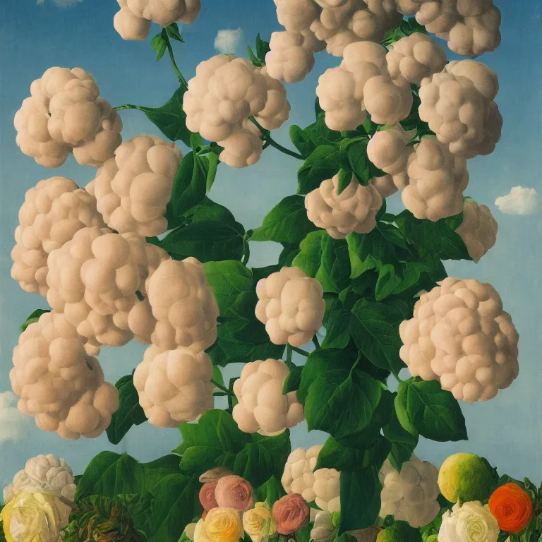 Image similar to portrait of a man, beautiful large flowers replaced his head, by rene magritte, detailed painting, hd, hq, high resolution, high detail, 4 k, 8 k