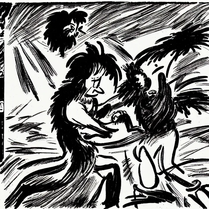 Image similar to a still frame from comic strip, person fighting with a black hairy furry bird 1 9 5 0, herluf bidstrup, new yorker illustration, monochrome contrast bw, lineart, manga, tadanori yokoo, simplified,