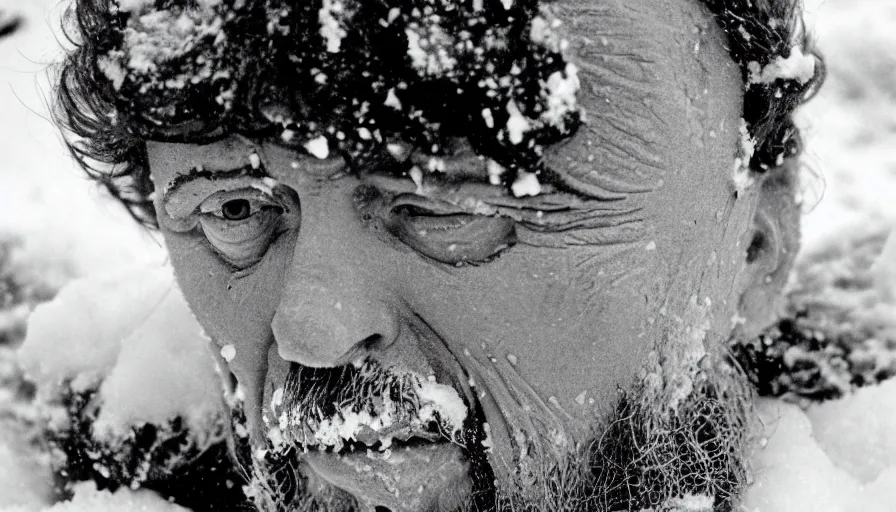 Image similar to 1 9 6 0 s movie still close up of marcus aurelius dirty face frozen to death under the snow on a river's shore with gravel, pine forests, cinestill 8 0 0 t 3 5 mm b & w, high quality, heavy grain, high detail, texture, dramatic light, anamorphic, hyperrealistic, detailed hair foggy