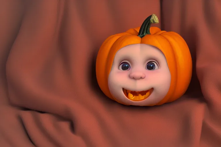 Image similar to a cute baby pumpkin, soft texture, pastel colours, colorful, cute, pixar animation style, detailed, soft light, octane render, 4 k