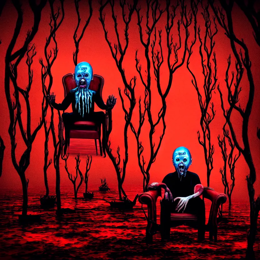 Prompt: a portrait of a man with five heads, twelve arms, sitting on chair made of human limbs, the chair is floating in a lake of blood, around the lake are melting trees, digital art, hyperrealistic nightmare scene, supernatural, highly detailed, creepy, terrifying