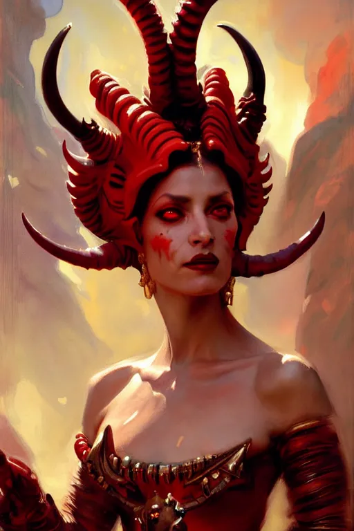 Image similar to painted close - up portrait of a very attractive red - skinned intimidating demon alien queen with ram horns! oil painting, wearing a noblewoman's outfit, fantasy art by john singer sargent and gaston bussiere and james jean and greg rutkowski, demon noble character design, hd