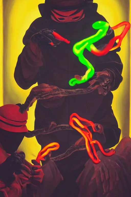 Image similar to a hyperrealistic portrait of two ninjas opening a can of glowing worms and drinking fluorescent liquid , 8k