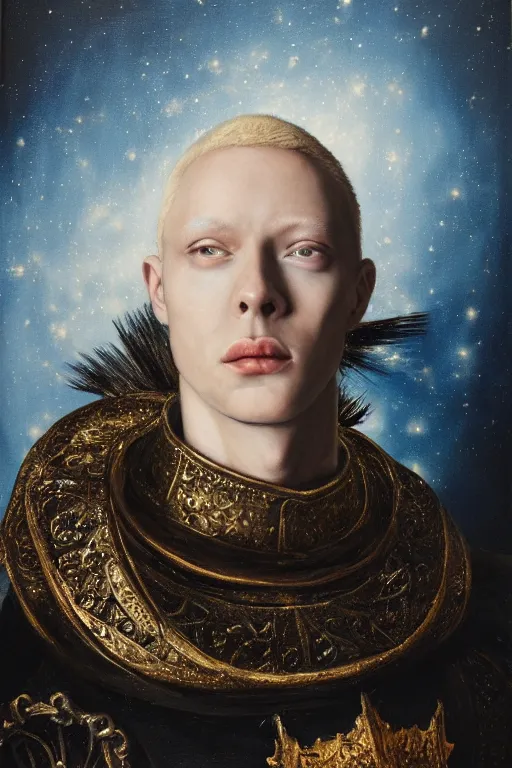 Image similar to hyperrealism oil painting, close - up portrait of albino medieval fashion model, knight, steel gradient mixed with nebula sky, in style of baroque