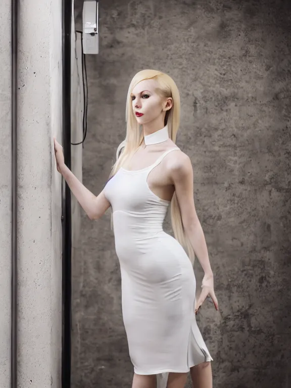 Image similar to studio photo of gorgeous seductive tall emily skinner cosplaying annie leonhart wearing heels, wearing tight white wet dress, in a white room, beautiful face, pale skin, rule of thirds, cinematic lighting, sharp focus, backlit, stunning, smooth, hard focus, full body shot, shot on sony a 7 iii