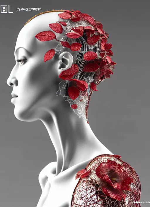 Image similar to complex 3d render ultra detailed of a beautiful porcelain profile young woman face, mechanical cyborg, 150 mm, beautiful studio spotlight, rim light, silver gold red details, fine foliage lace, magnolia big leaves and stems, roots, mesh wire, Alexander Mcqueen haute couture, luxurious, high fashion, mandelbrot fractal, filigran intricate details, hyper realistic, anatomical, facial muscles, cable wires, microchip, elegant, octane render, H.R. Giger style, 8k