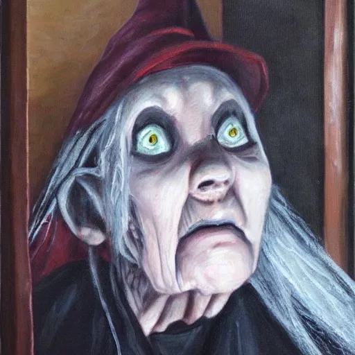 Image similar to creepy old cursed witch watching you sleep, eerie, haunted, oil painting