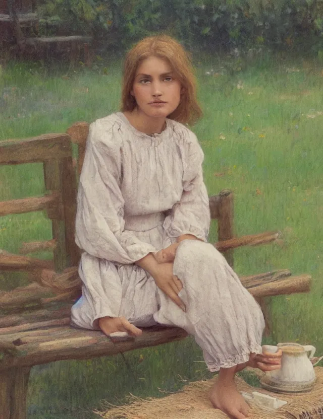 Prompt: portrait of peasant girl sitting on a bench and drinking milk, cottage core, cinematic focus, polaroid photo bleached vintage pastel colors high - key lighting, soft lights, foggy, by steve hanks, by lisa yuskavage, by serov valentin, by tarkovsky, 8 k render, detailed, oil on canvas