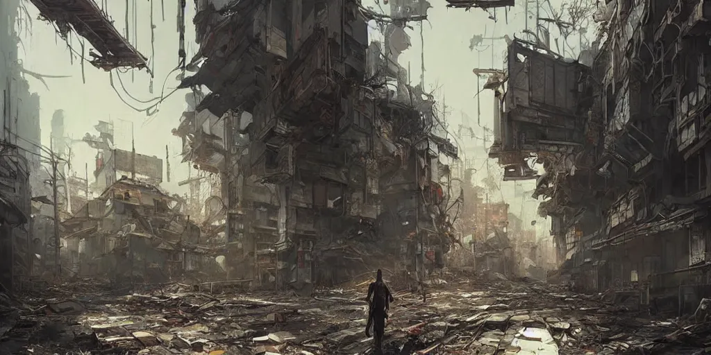 Prompt: An abandoned, post-apocalyptic Tokyo, by Greg Rutkowski, buildings in ruins. Trending on Artstation