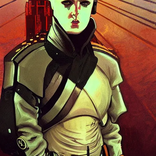 Image similar to portrait of rubbery, gaunt albino mutant with moist skin, sharp features, large lips, huge black eyes and determined expression, wearing fascist Byzantine police uniform and standing on cyberpunk docks, Dune concept art by Anato Finnstark, Alphonse Mucha, and Greg Rutkowski