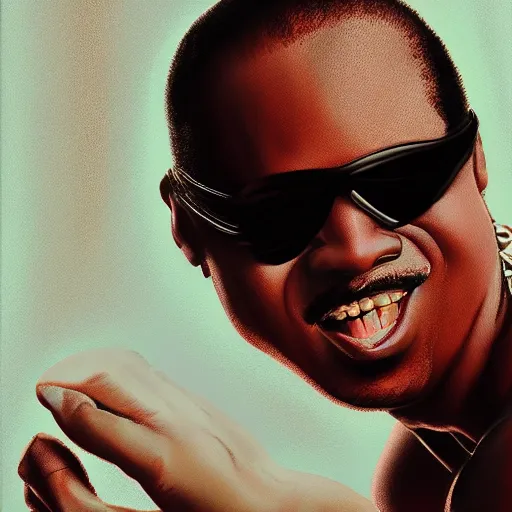 Prompt: stevie wonder with the physique of a body builder, hyper realistic, ultra detailed, cinematic, dynamic lighting, photorealistic, refined, intricate, digital art, digital painting, masterpiece, 8k