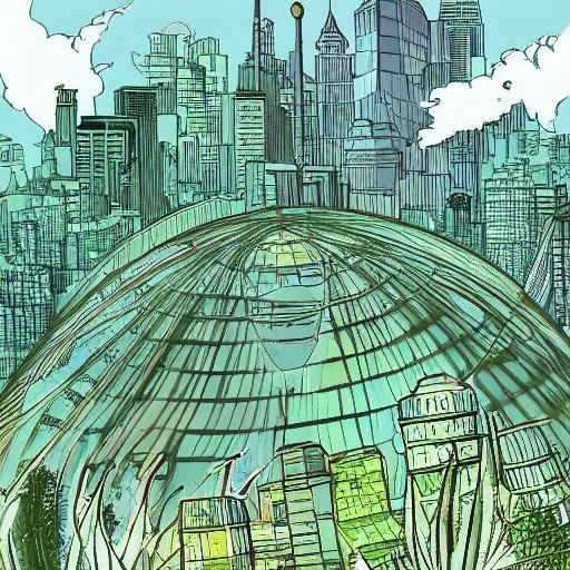 Prompt: a city shrouded in a dome of transparent plants, comic book style, high res