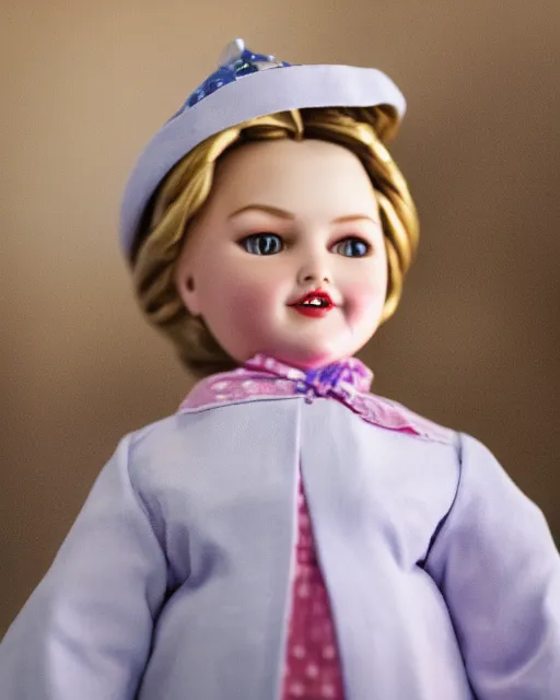 Image similar to high quality presentation photo of a cute Hilary clinton porcelain doll in the style of mark ryden photography 4k, f1.8 anamorphic, bokeh, 4k, Canon, Nikon