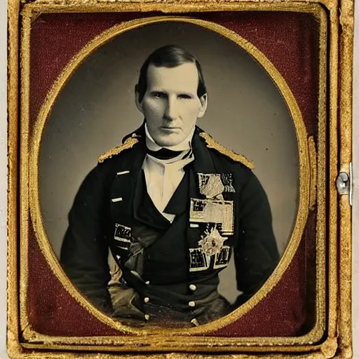 Prompt: A daguerreotype of Chris Barrie dressed in 19th century military uniform, regal, refined, highly detailed