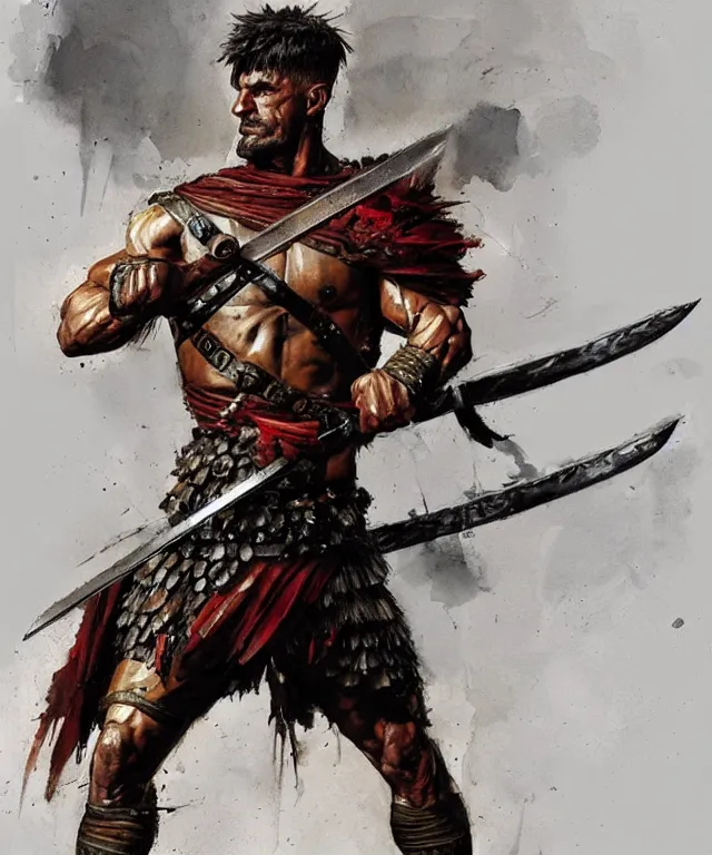 Prompt: muscular roman soldier with sword by simon bisley and greg rutkowski, full body armor! dynamic battle pose vivid color scheme