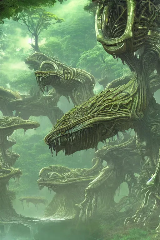 Image similar to alien hive in the exotic jungle, landscape, alex ross, neal adams, david finch, concept art, matte painting, highly detailed, rule of thirds, dynamic lighting, cinematic, detailed, denoised, centerd