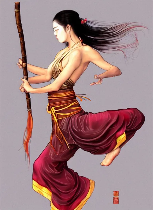 Prompt: a barefoot female dancer using a silk belt as weapon, wuxia, xianxia, barefoot, tanned skin, athletic, vivacious, absurdly beautiful, hanfu, fully clothed, chinese ribbon dance, silk belt, scorpion whip, detailed, anatomically accurate, fantasy illustration, in the style of wlop on artstation, wang liang.