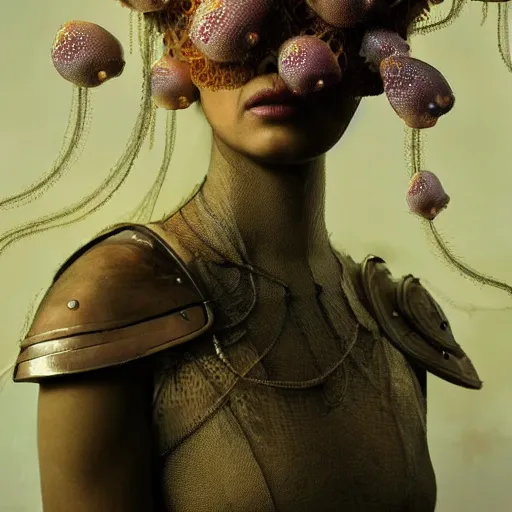 Prompt: a close - up shot of a brown woman wearing an armor made of neonjellyfishes. soft lighting. fragile. haunting eyes!! coherent face!! no makeup!! very muted colors. by ray caesar. by louise dahl - wolfe. by andrea kowch. surreal photography