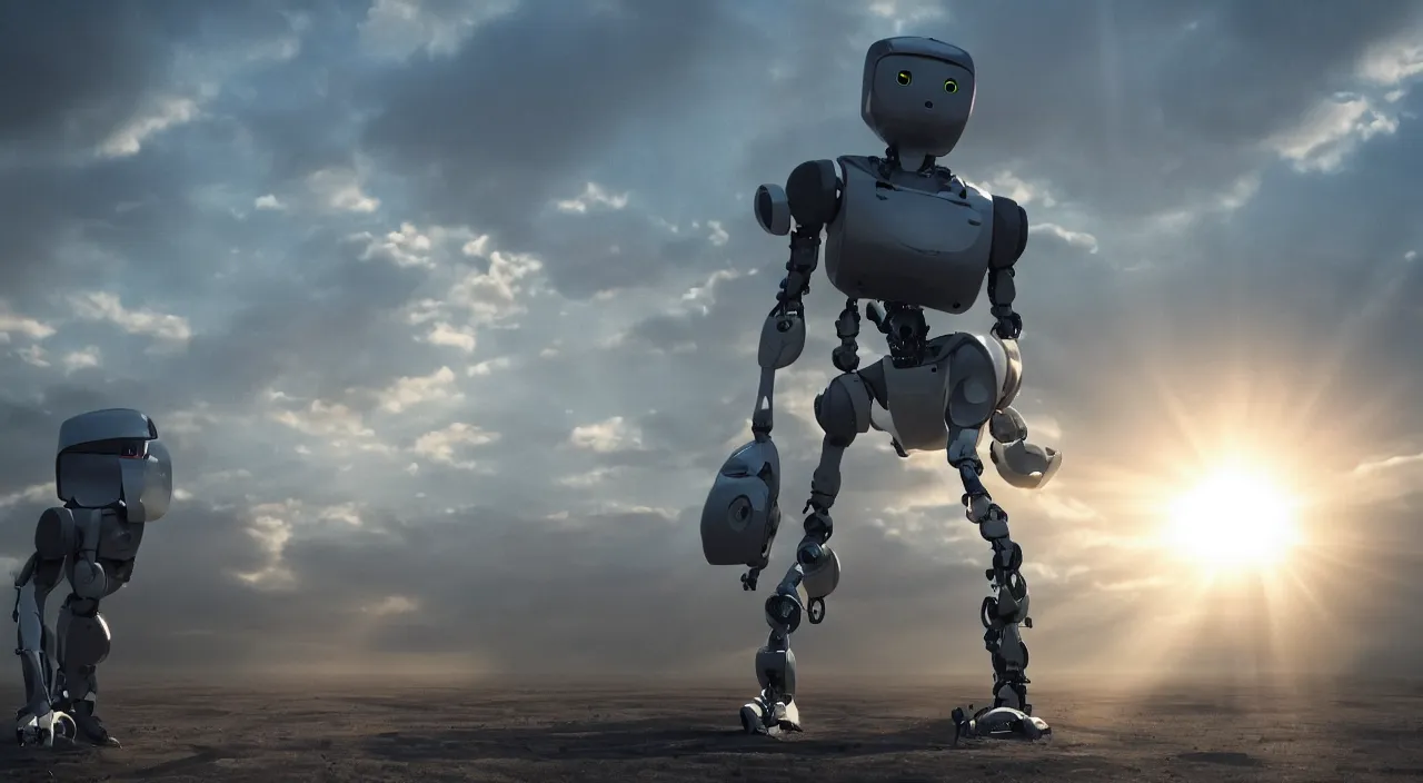 Image similar to a robot in a movie, cinematic shot, sun beams